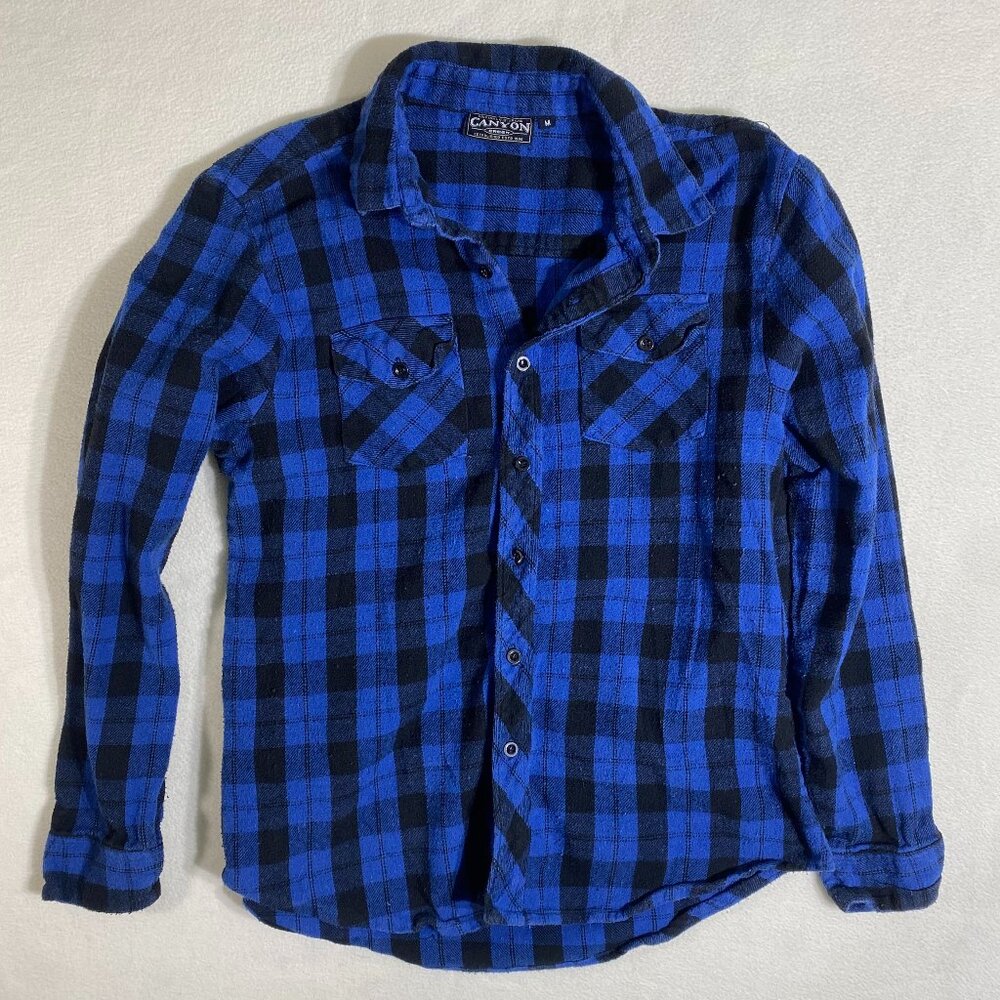 Canyon Creek cotton Flannel Shirt Mens Medium Blue Black Plaid Classic cotton